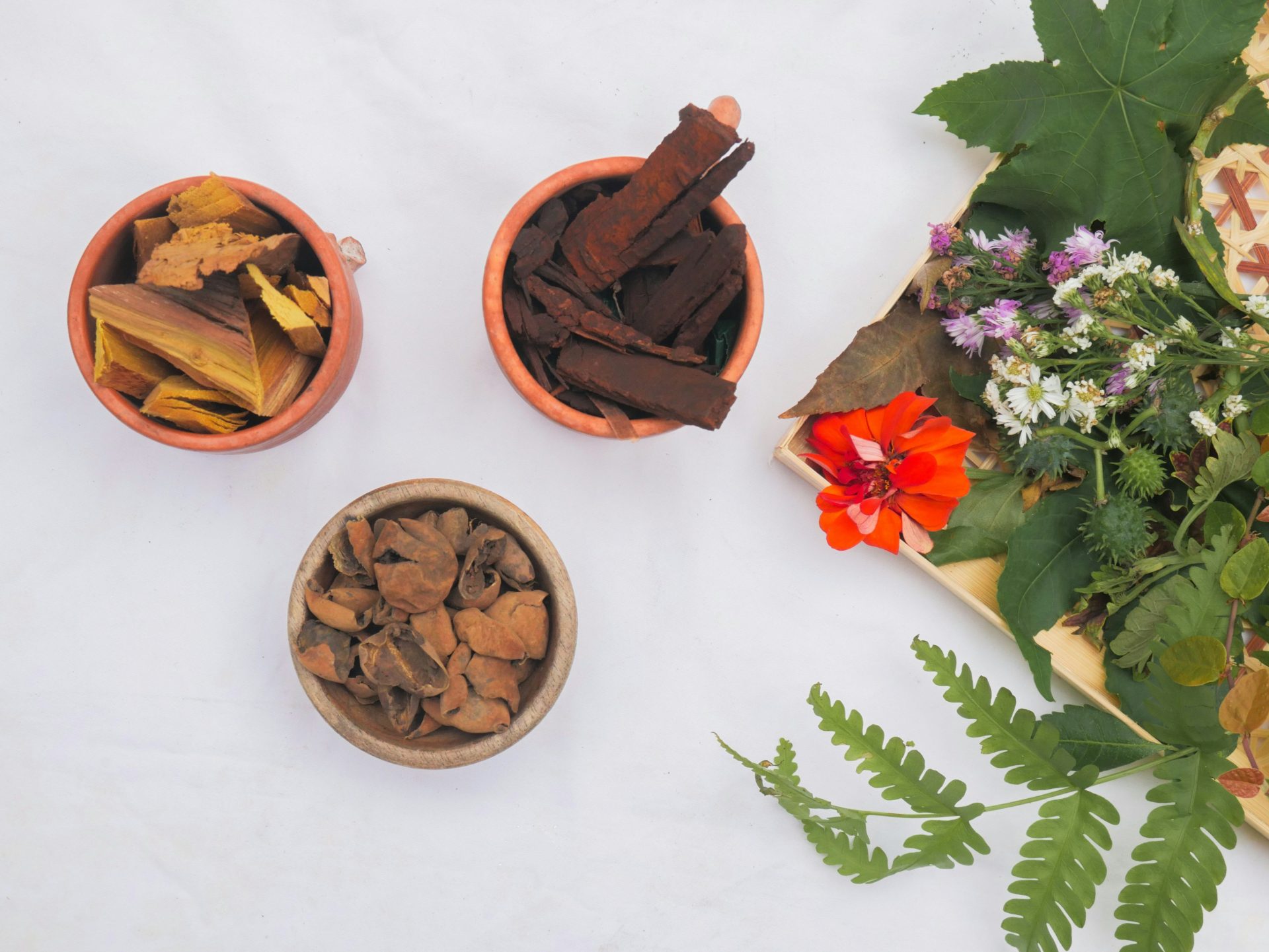 three small bowls filled with different types of flowers